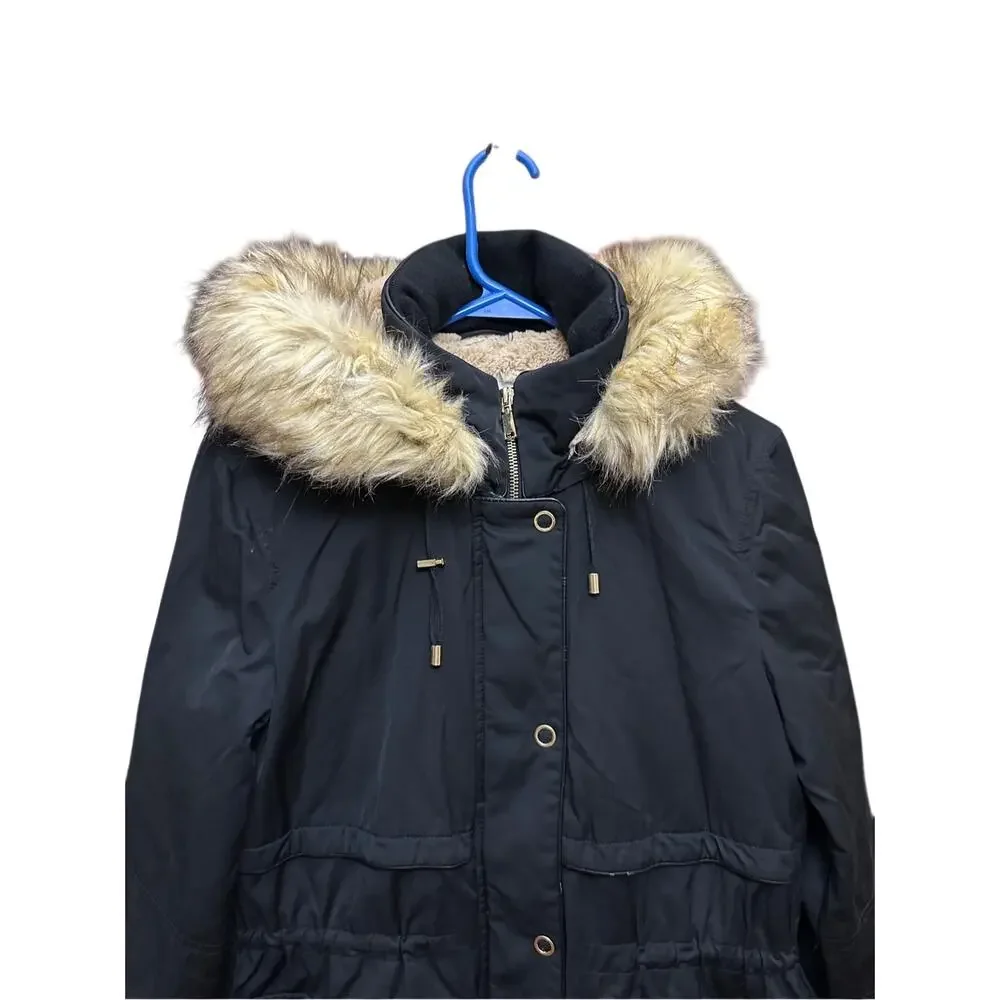 Zara Trafaluc Parka‎ Coat Black Faux Fur Size Small 3427/225/800 Winter